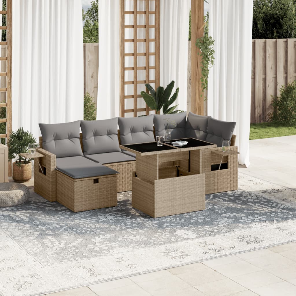 Set Divani Da Giardino 7 Pz Con Cuscini Beige In Polyrattan