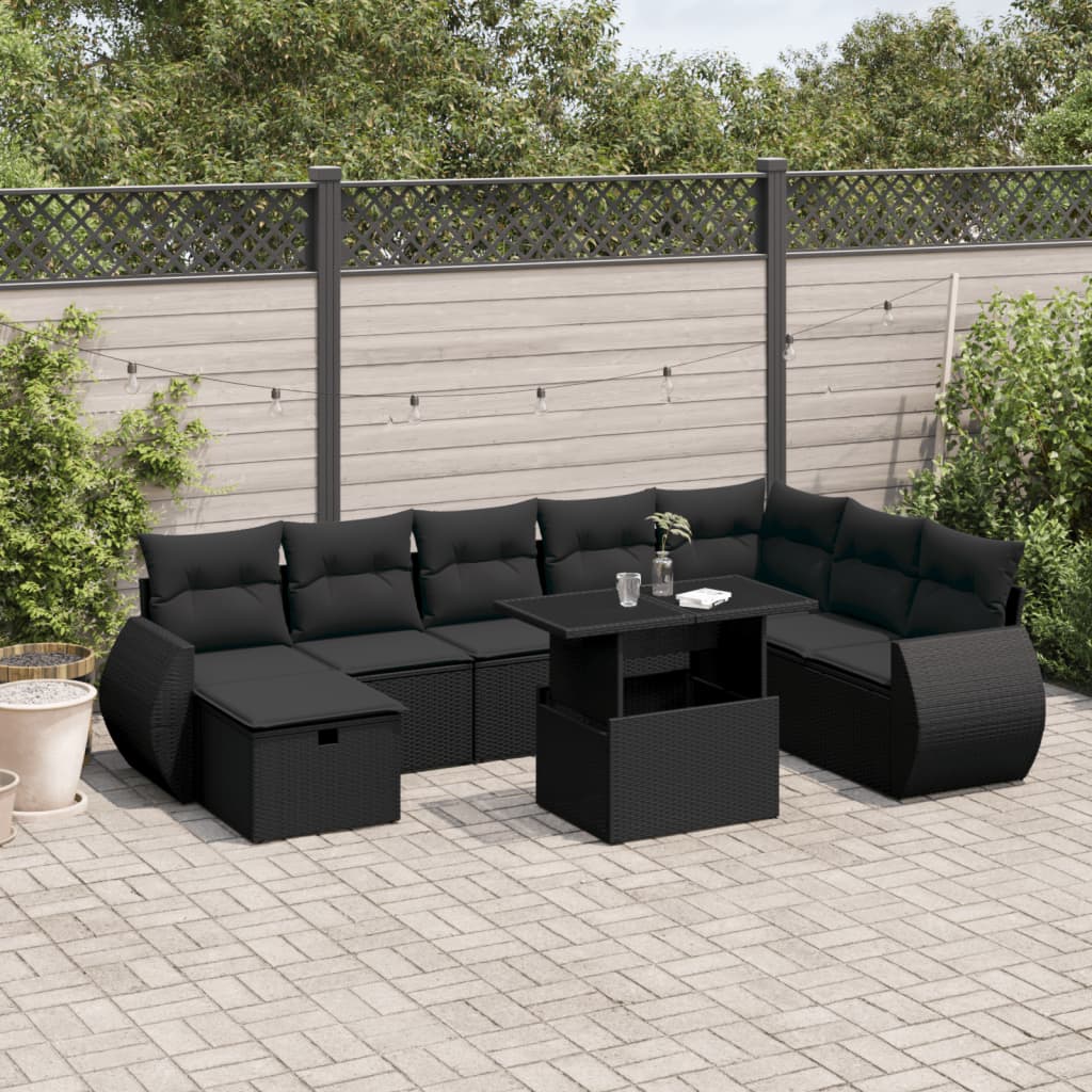 Set Divani Da Giardino 9 Pz Con Cuscini Nero In Polyrattan