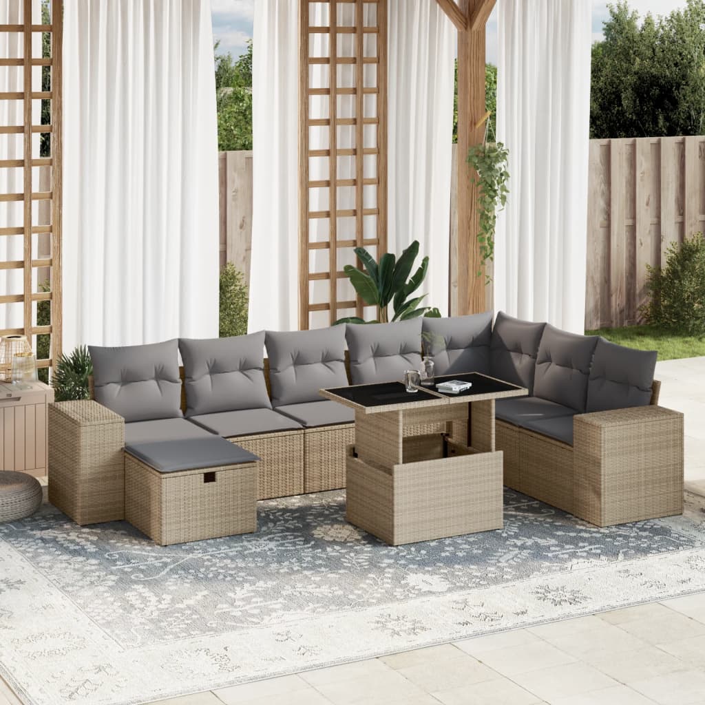 Set Divano Da Giardino 9 Pz Con Cuscini Beige In Polyrattan