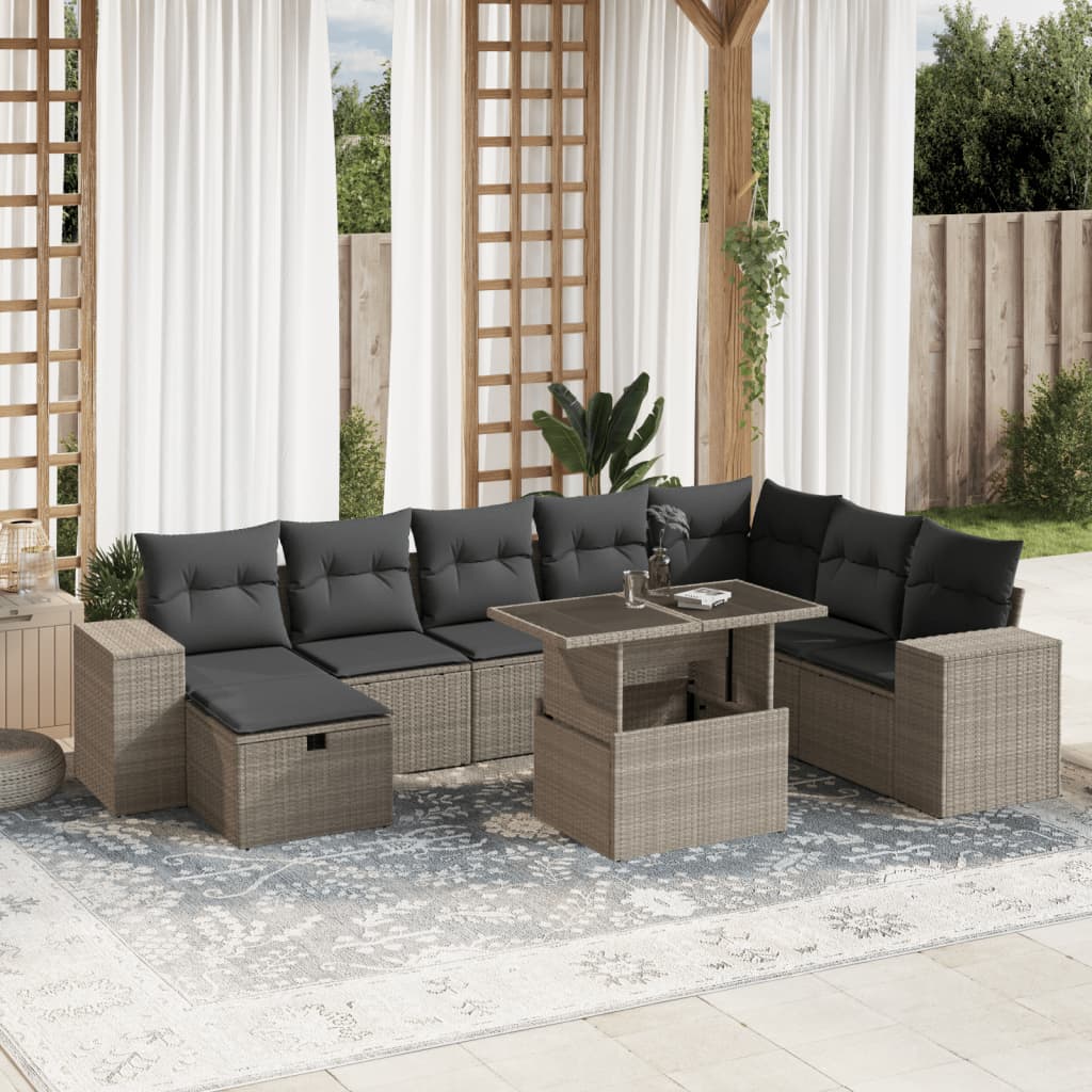 Set Divano Da Giardino 9pz Con Cuscini Grigio Chiaro Polyrattan