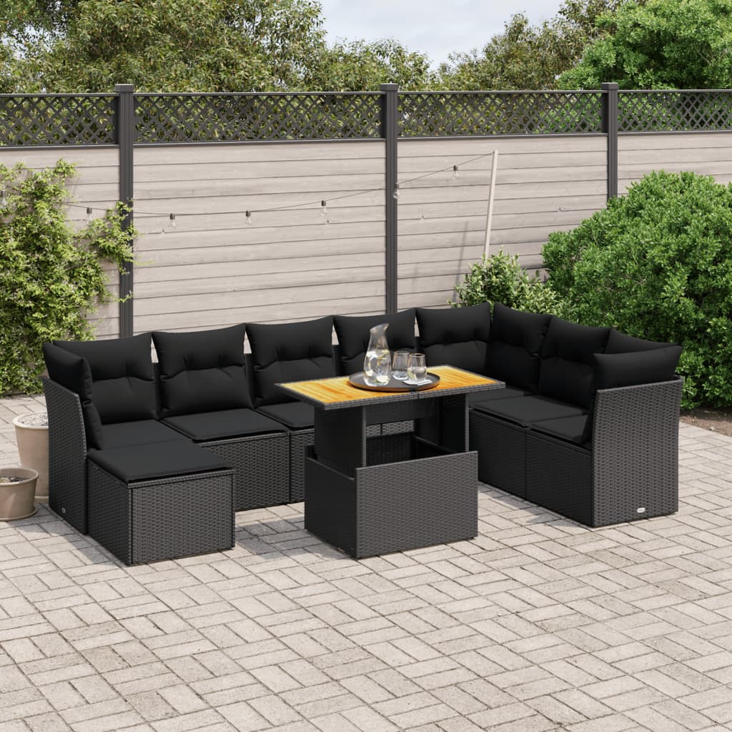 Set Divani Da Giardino 9 Pz Con Cuscini Nero In Polyrattan