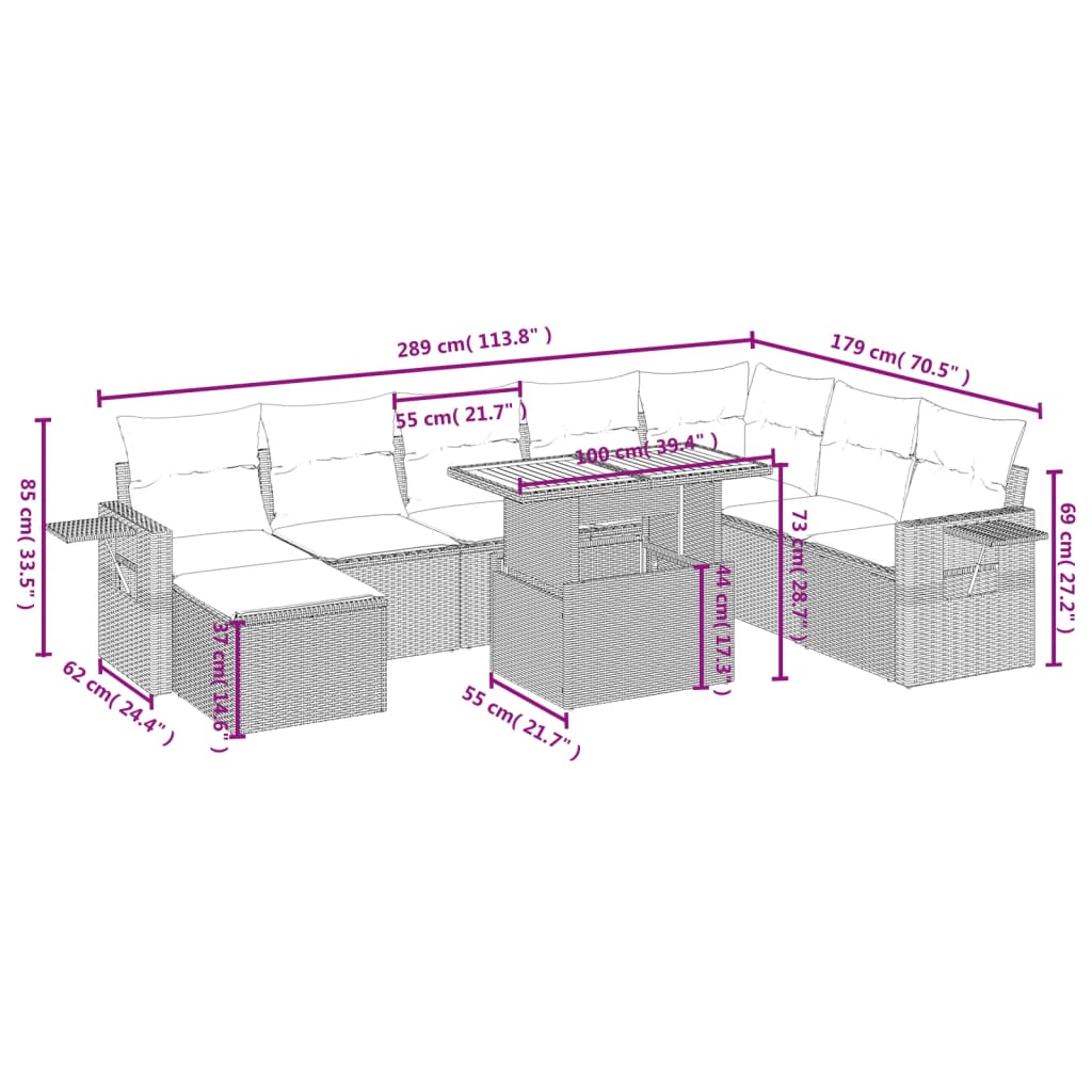 Set Divano Da Giardino 9 Pz Con Cuscini Beige In Polyrattan - Image 4