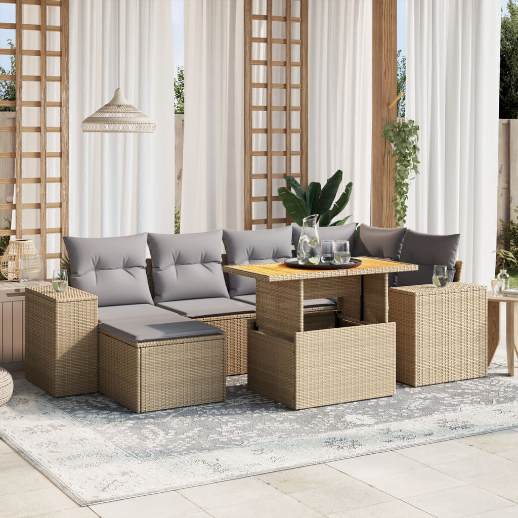 Set Divani Da Giardino 7 Pz Con Cuscini Beige In Polyrattan