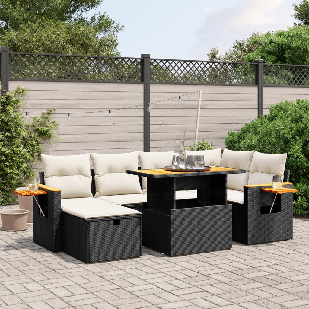 Set Divani Da Giardino Con Cuscini 7pz Nero Polyrattan