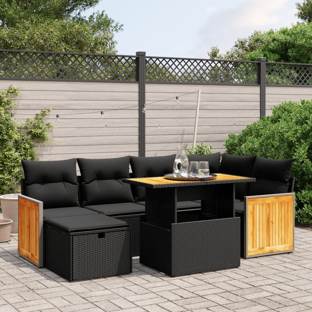 Set Divani Da Giardino Con Cuscini 7pz Nero Polyrattan
