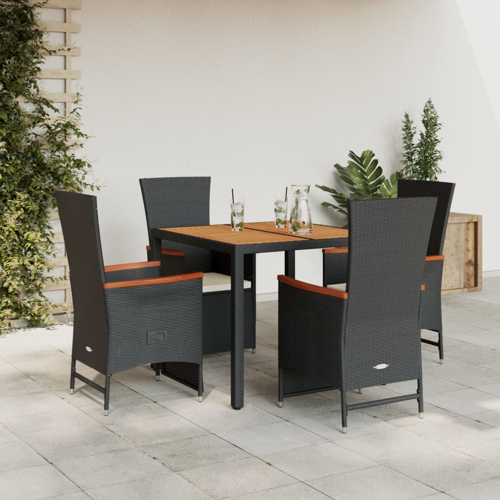 Set Da Pranzo Da Giardino 5 Pz Nero Con Cuscini In Polyrattan
