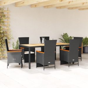 Set Da Pranzo Da Giardino 7 Pz Nero Con Cuscini In Polyrattan