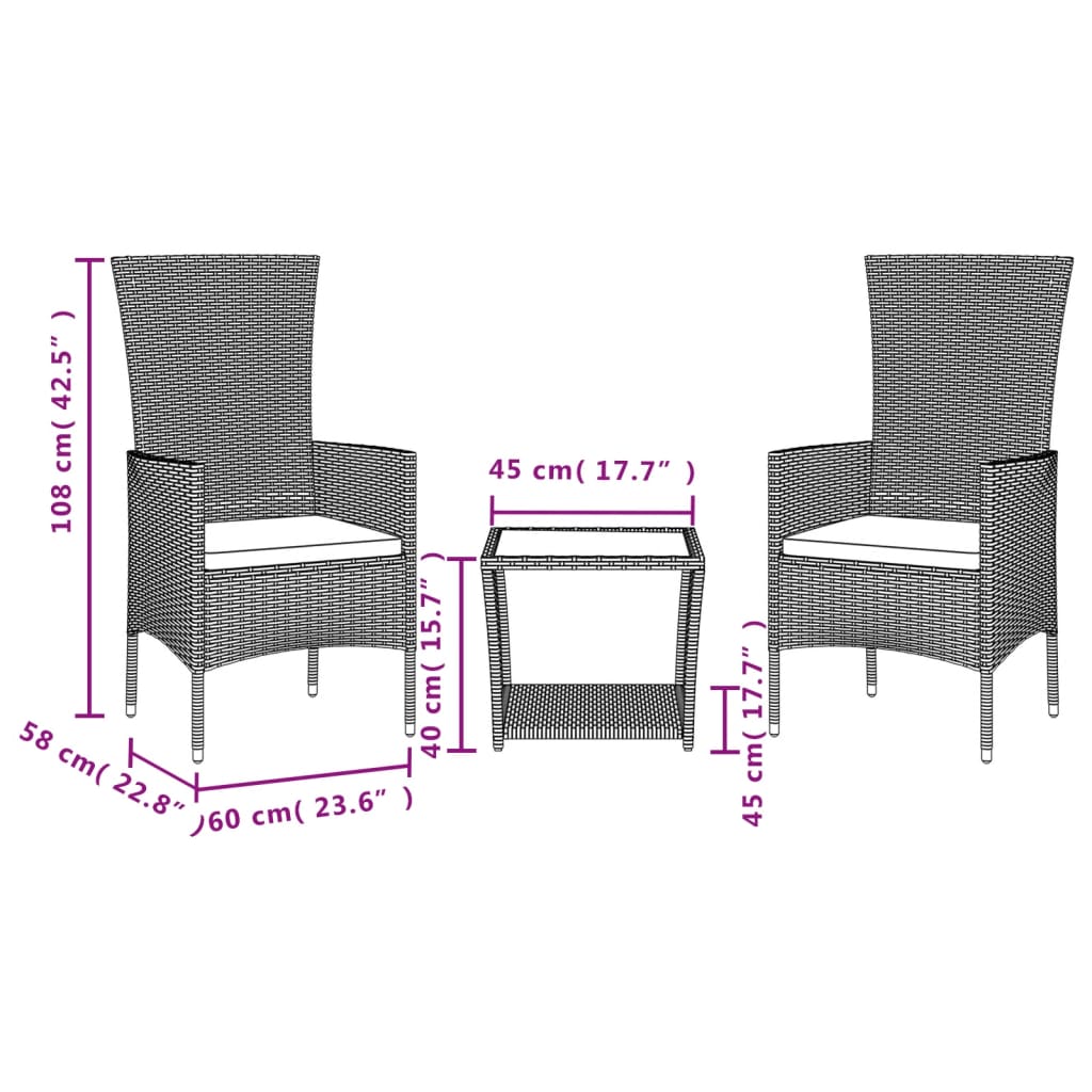 Set Da Pranzo Da Giardino 3 Pz Con Cuscini Beige In Polyrattan - Image 5