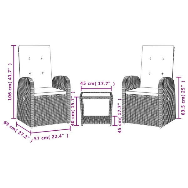 Set Da Pranzo Da Giardino 3 Pz Con Cuscini In Polyrattan Grigio - Image 4