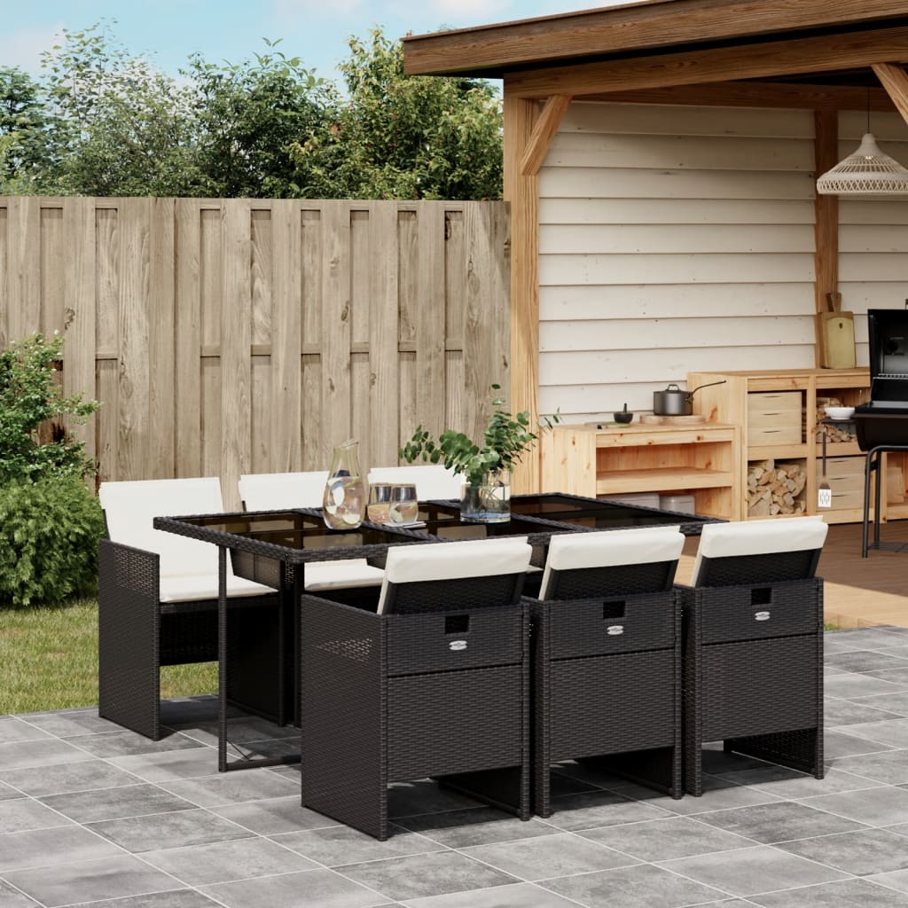 Set Da Pranzo Da Giardino 7 Pz Nero Con Cuscini In Polyrattan