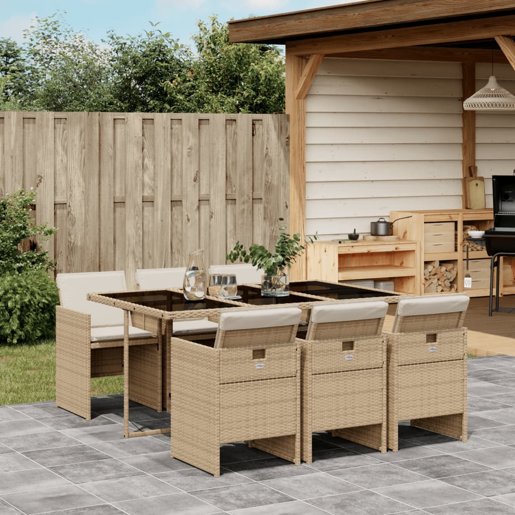 Set Da Pranzo Da Giardino 7 Pz Con Cuscini Beige In Polyrattan
