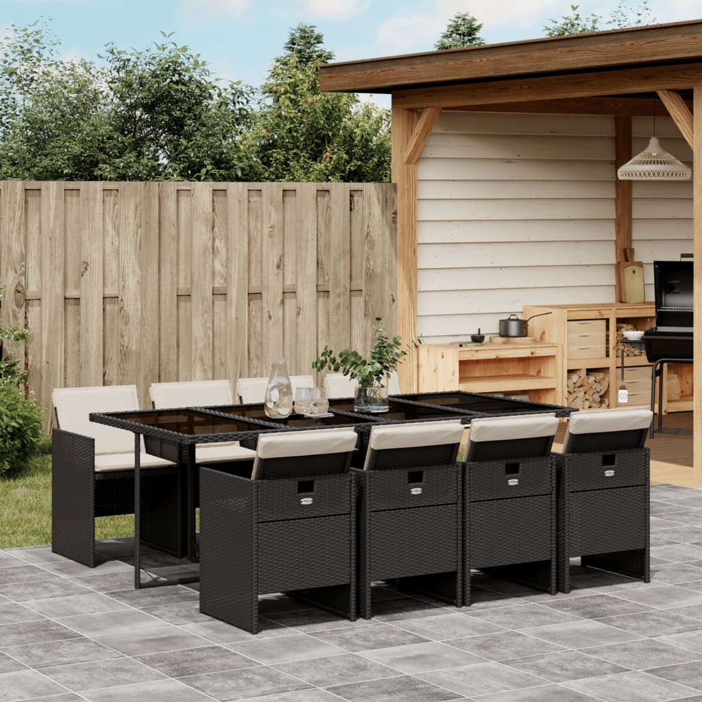 Set Da Pranzo Da Giardino 9 Pz Con Cuscini Nero In Polyrattan
