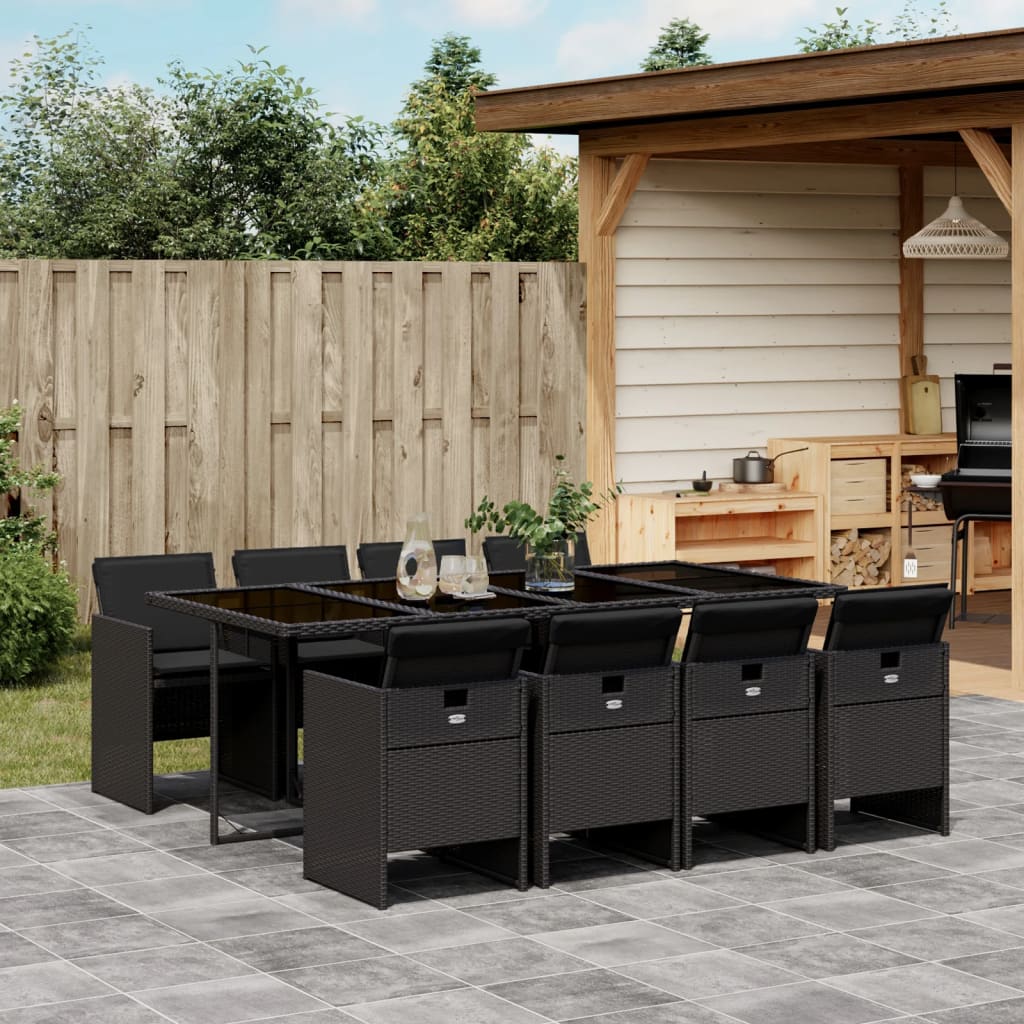 Set Da Pranzo Da Giardino 9 Pz Con Cuscini Nero In Polyrattan