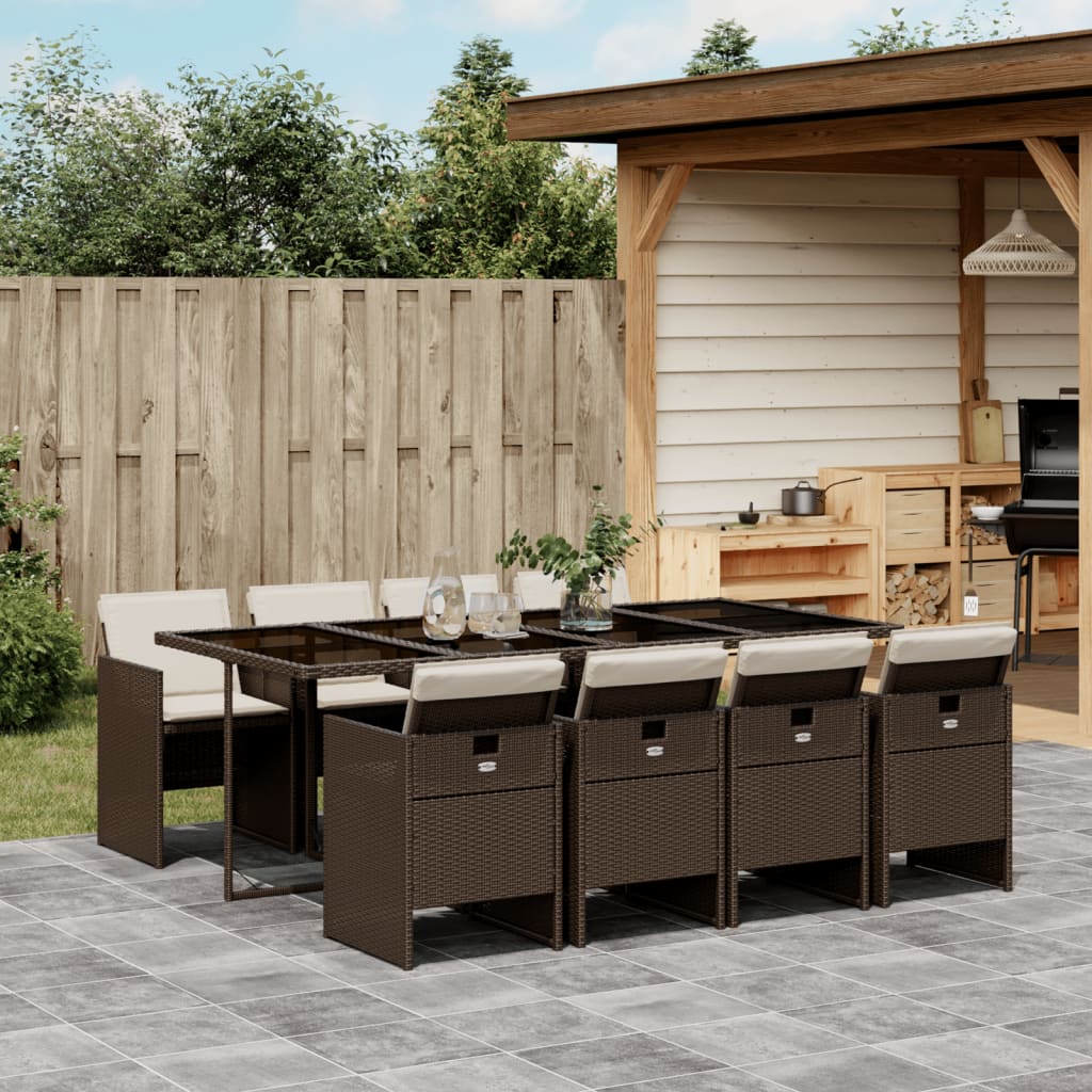 Set Da Pranzo Da Giardino 9pz Con Cuscini Marrone In Polyrattan