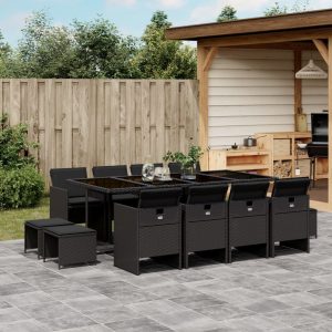 Set Da Pranzo Da Giardino 13pz Con Cuscini Nero In Polyrattan