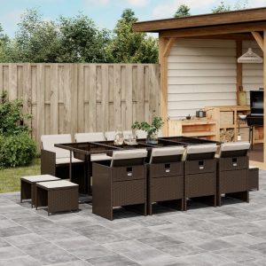Set Da Pranzo Da Giardino 13pz Con Cuscini Marrone Polyrattan