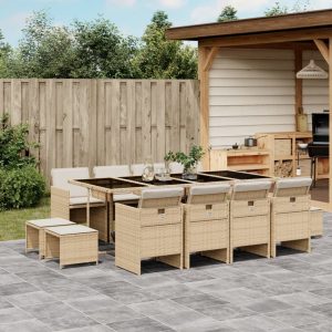 Set Da Pranzo Da Giardino 13 Pz Con Cuscini Beige In Polyrattan