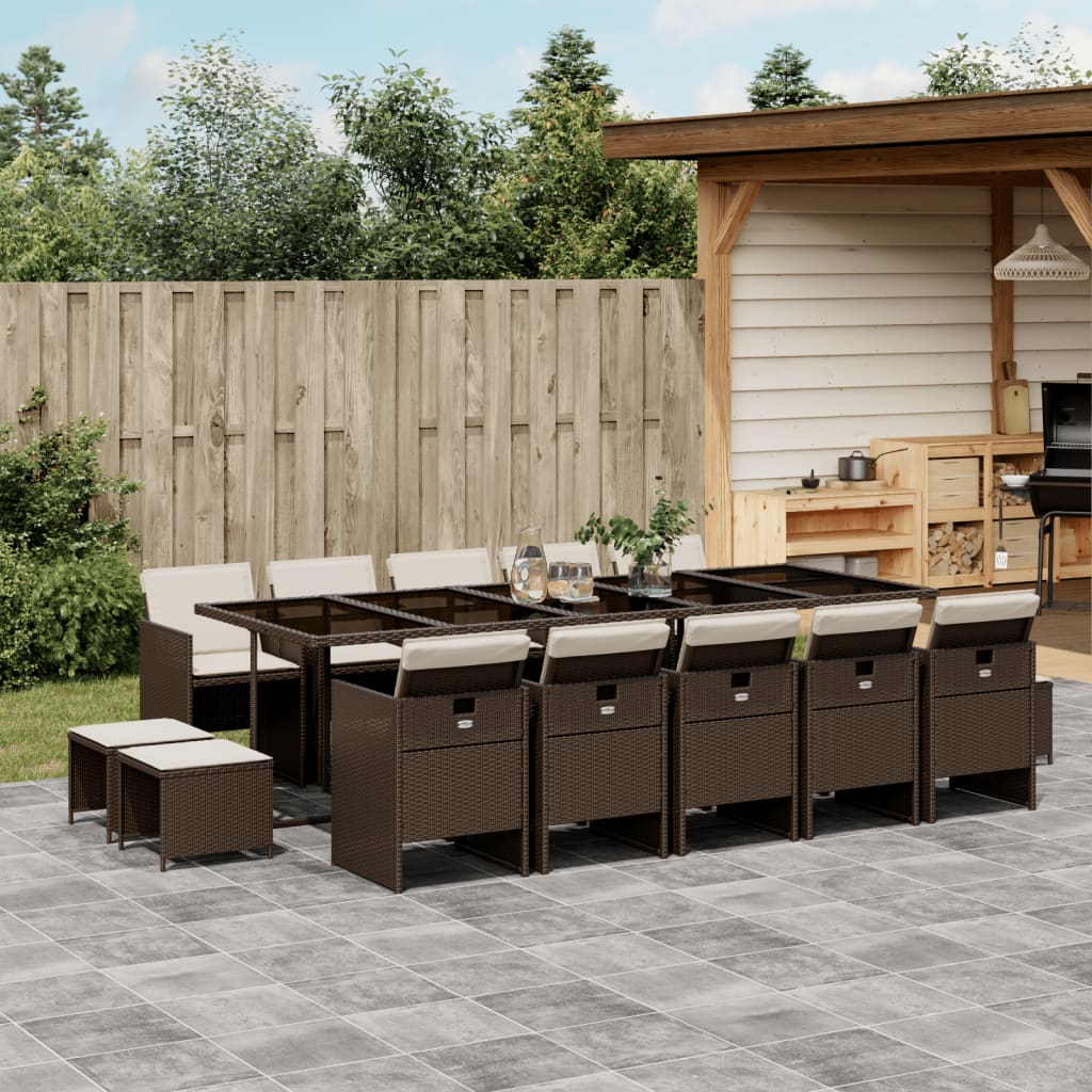 Set Da Pranzo Da Giardino 15 Pz Con Cuscini Marrone Polyrattan