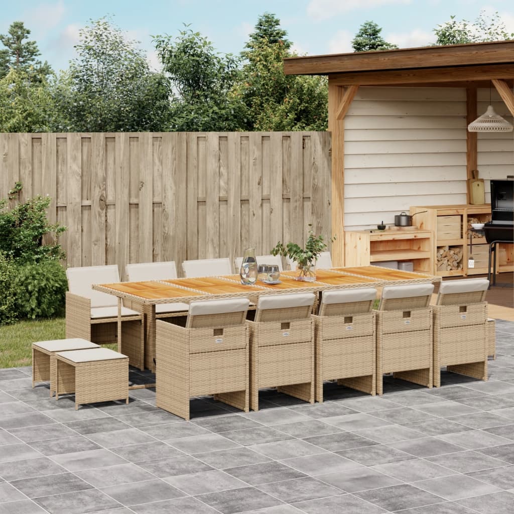 Set Da Pranzo Da Giardino 15 Pz Con Cuscini Beige In Polyrattan