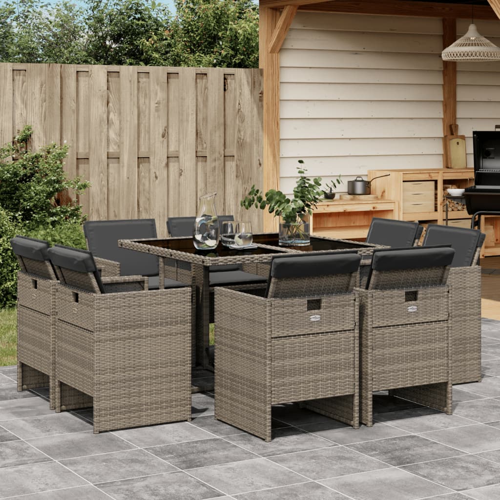 Set Da Pranzo Da Giardino 9 Pz Con Cuscini In Polyrattan Grigio