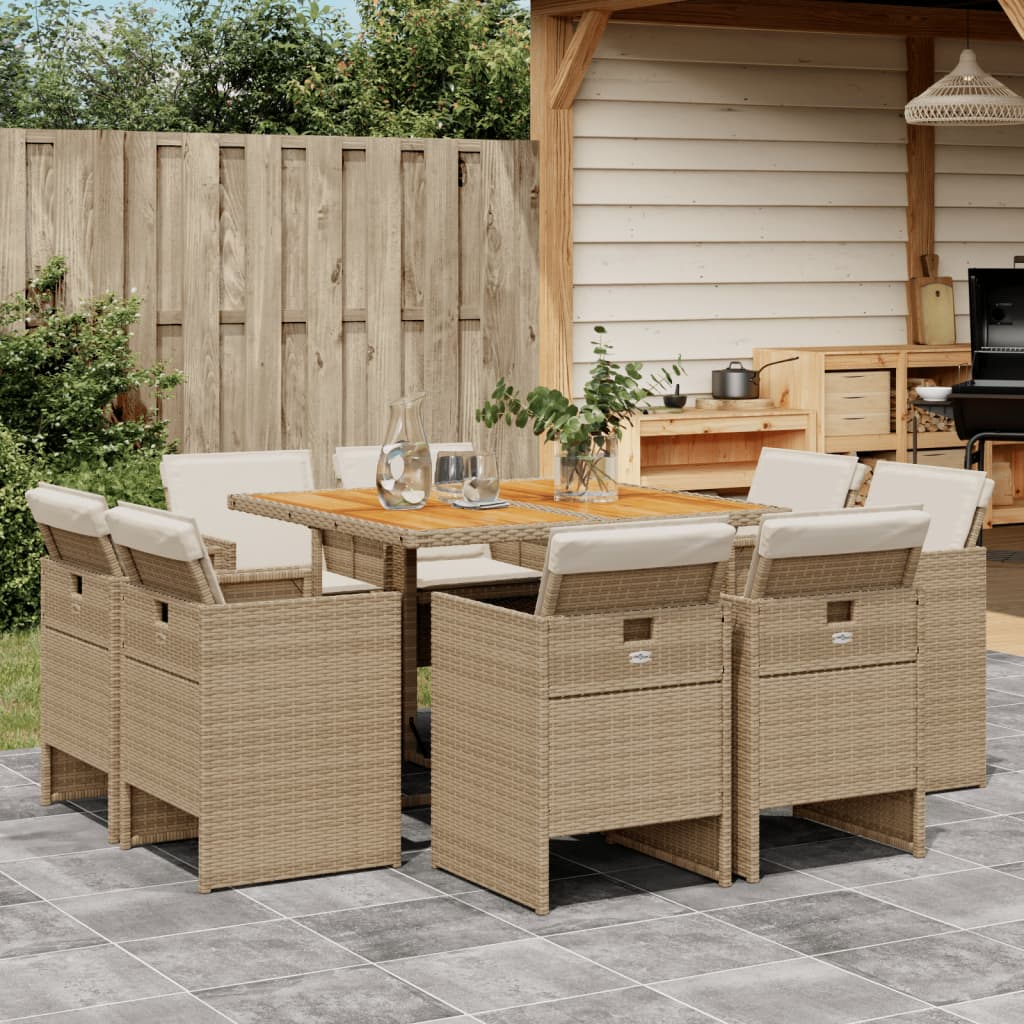 Set Da Pranzo Da Giardino 9 Pz Con Cuscini Beige In Polyrattan