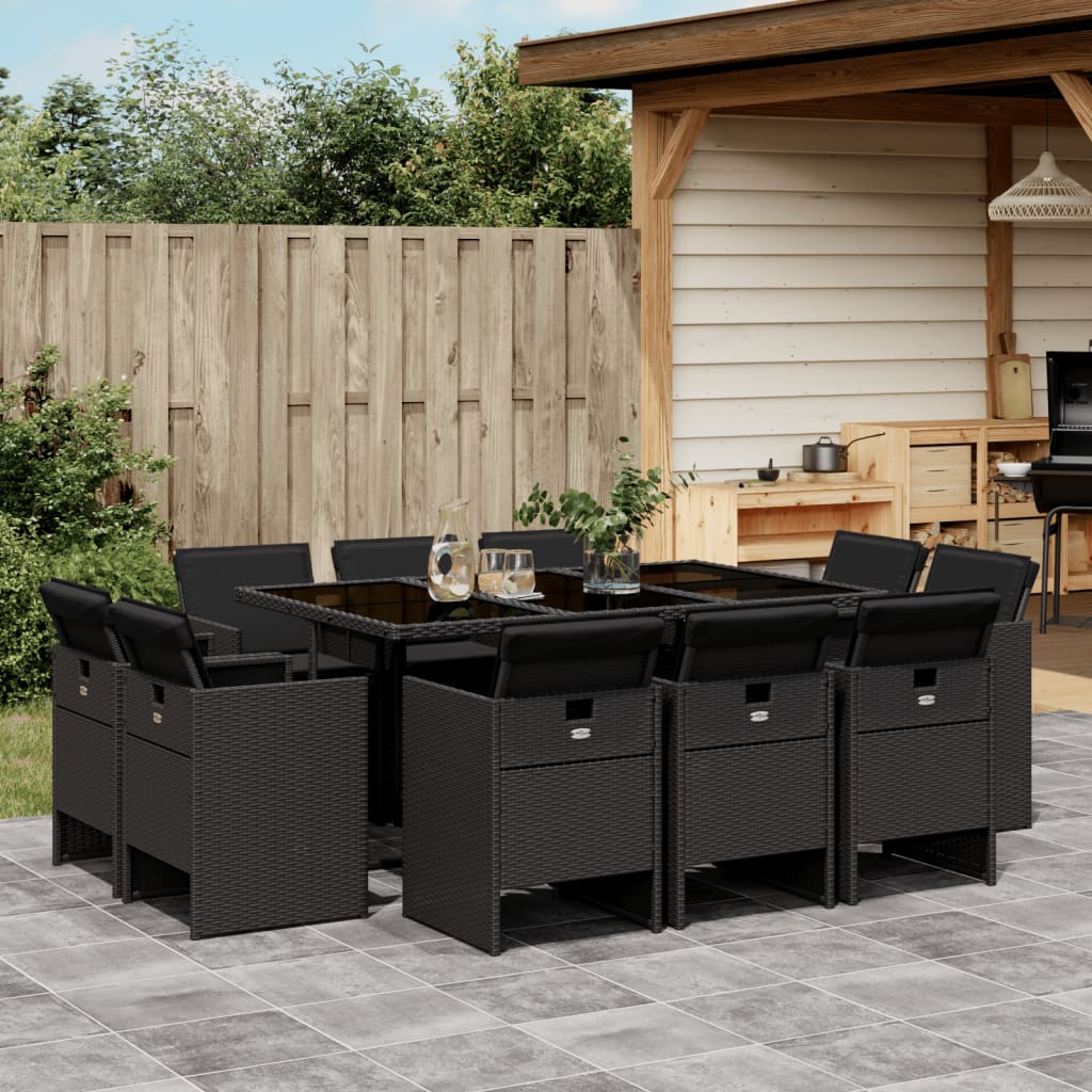 Set Da Pranzo Da Giardino 11 Pz Con Cuscini In Polyrattan Nero