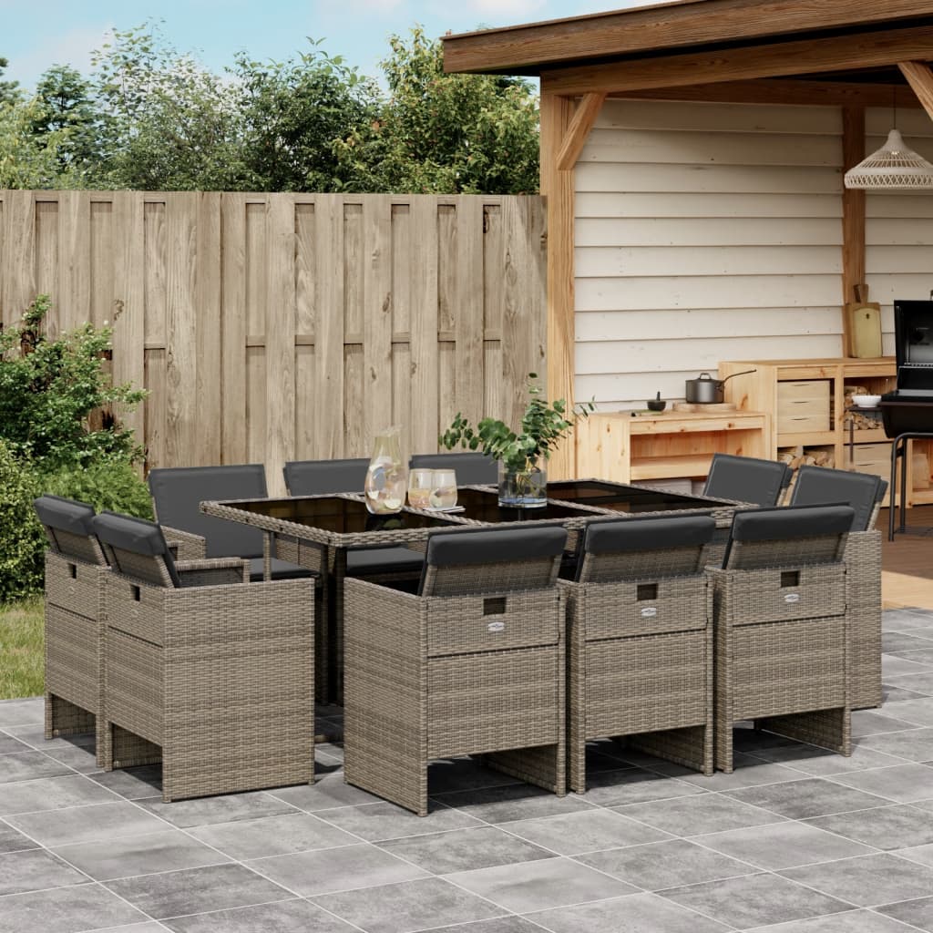 Set Da Pranzo Da Giardino 11pz Con Cuscini In Polyrattan Grigio