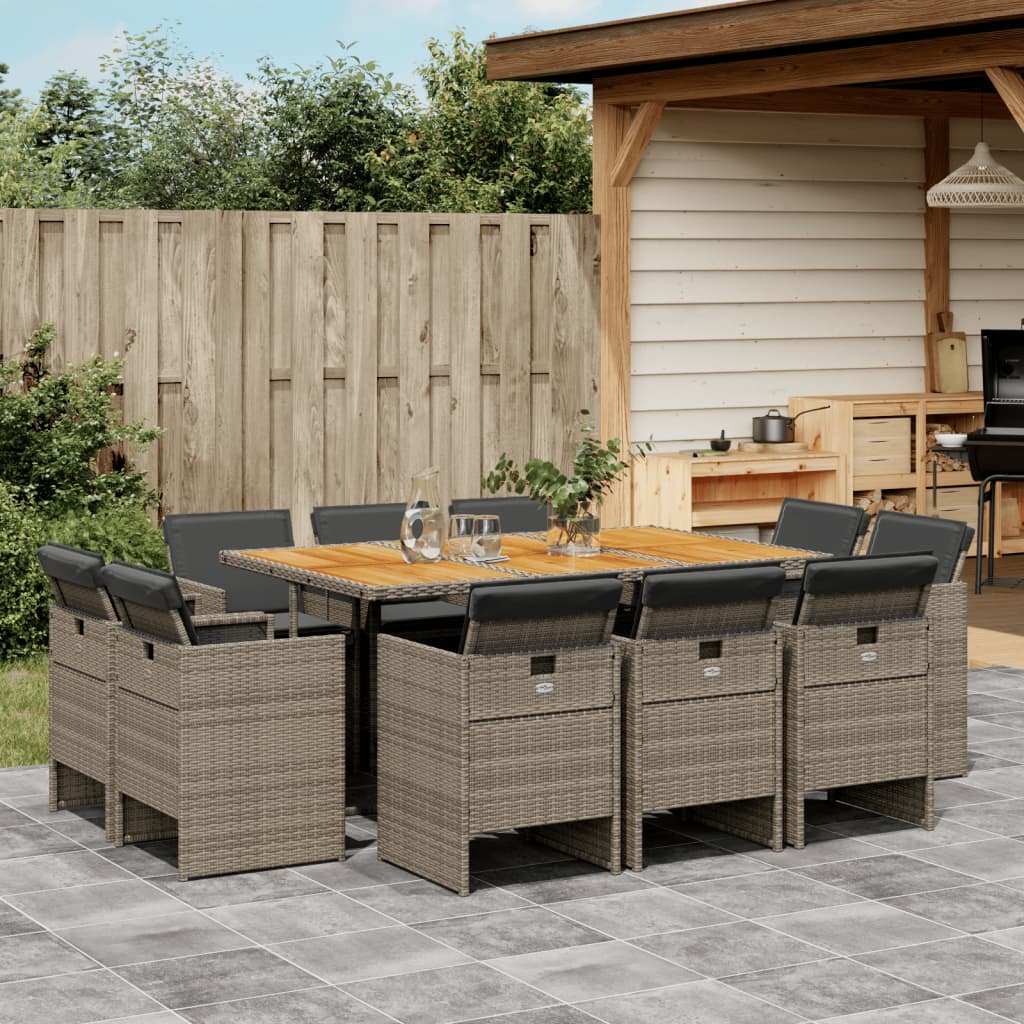 Set Da Pranzo Da Giardino 11pz Con Cuscini In Polyrattan Grigio