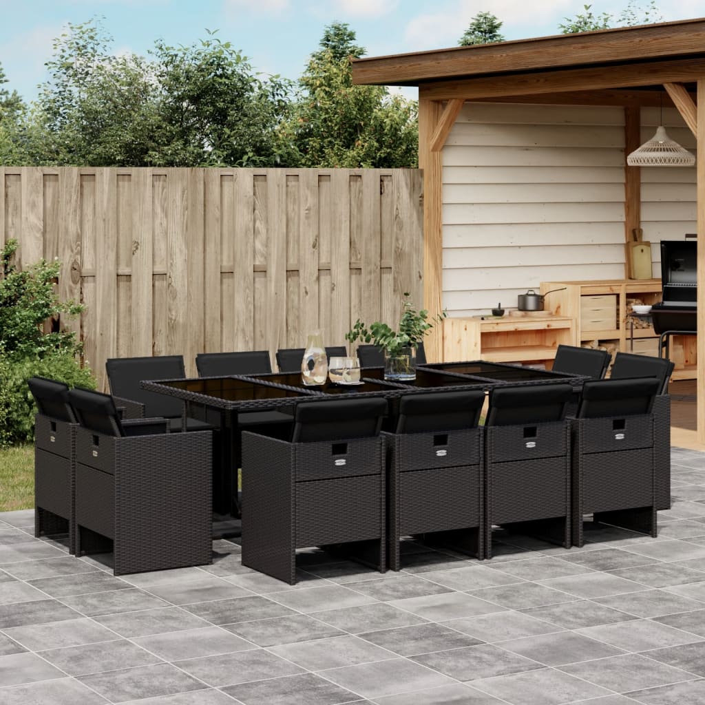 Set Da Pranzo Da Giardino 13pz Con Cuscini Nero In Polyrattan