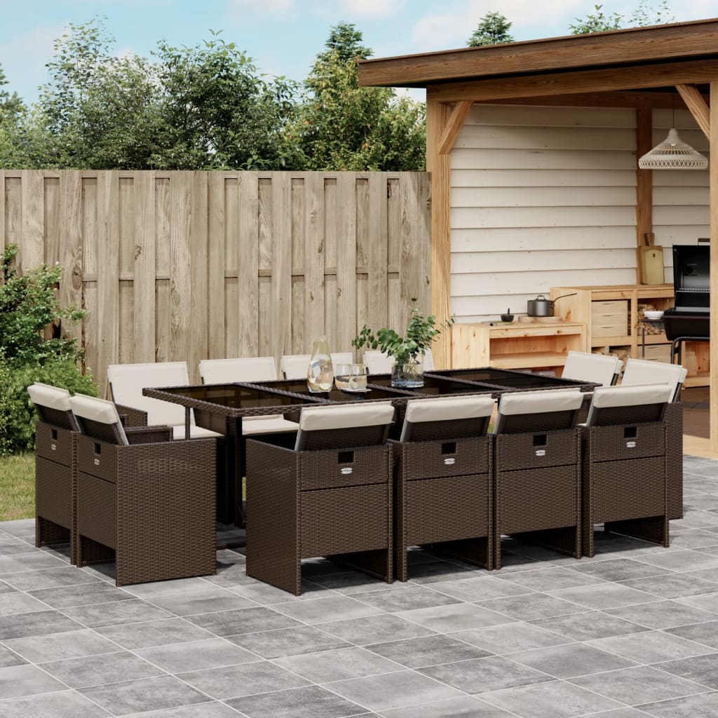 Set Da Pranzo Da Giardino 13pz Con Cuscini Marrone Polyrattan