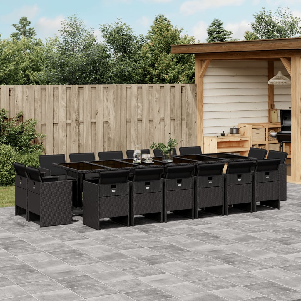 Set Da Pranzo Da Giardino 17 Pz Con Cuscini Nero In Polyrattan
