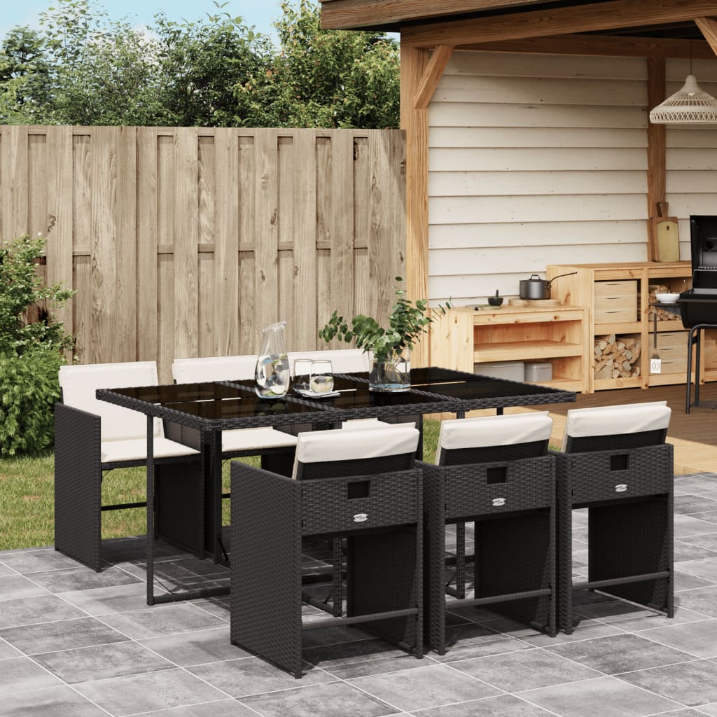 Set Da Pranzo Da Giardino 7 Pz Nero Con Cuscini In Polyrattan