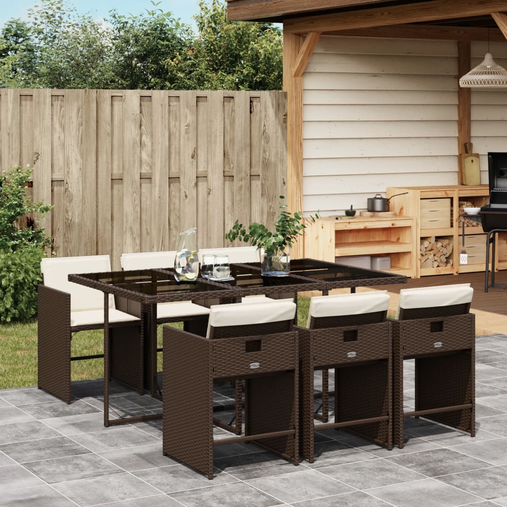 Set Da Pranzo Da Giardino 7pz Con Cuscini In Polyrattan Marrone