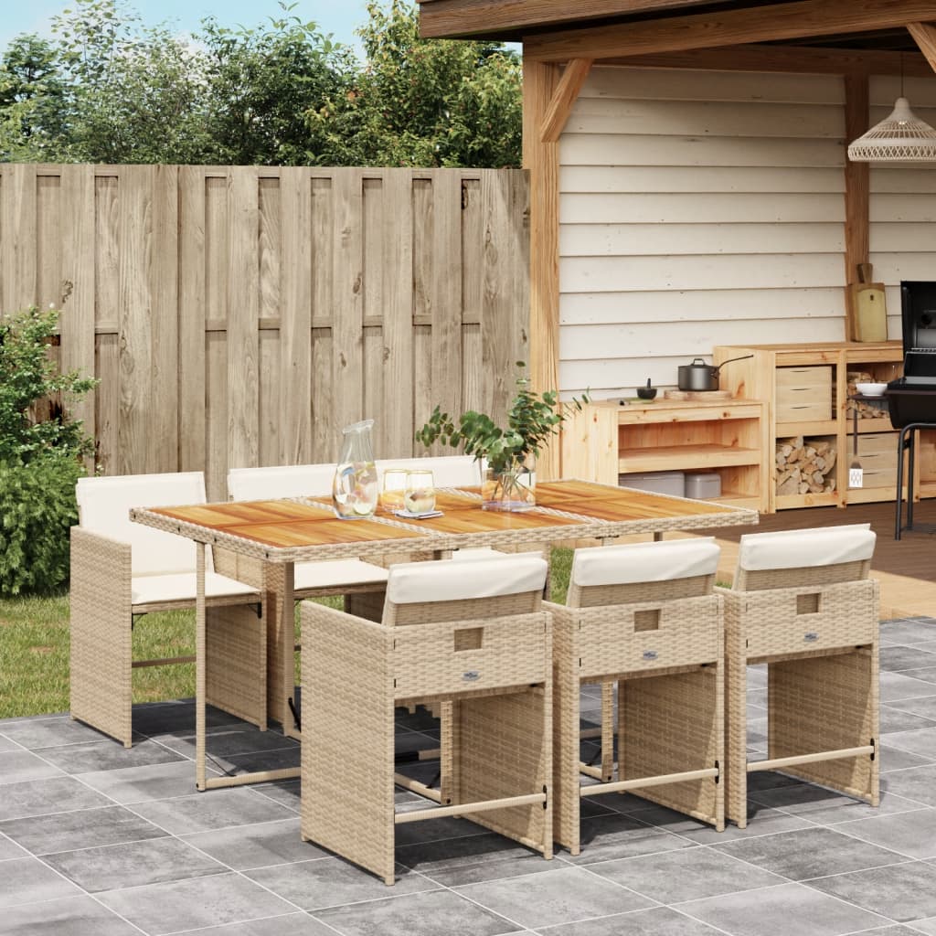 Set Da Pranzo Da Giardino 7 Pz Con Cuscini Beige In Polyrattan