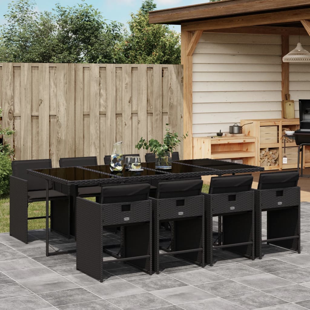 Set Da Pranzo Da Giardino 9 Pz Con Cuscini Nero In Polyrattan