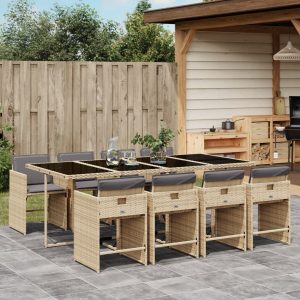 Set Pranzo Da Giardino 9 Pz Con Cuscini Beige Misto Polyrattan