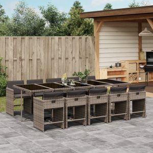 Set Da Pranzo Da Giardino 11pz Con Cuscini In Polyrattan Grigio