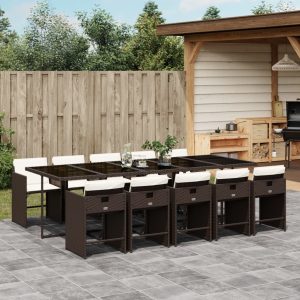 Set Da Pranzo Da Giardino 11 Pz Con Cuscini Polyrattan Marrone