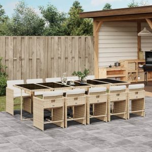 Set Da Pranzo Da Giardino 11 Pz Con Cuscini Beige In Polyrattan