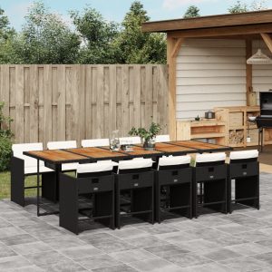 Set Da Pranzo Da Giardino 11 Pz Con Cuscini In Polyrattan Nero