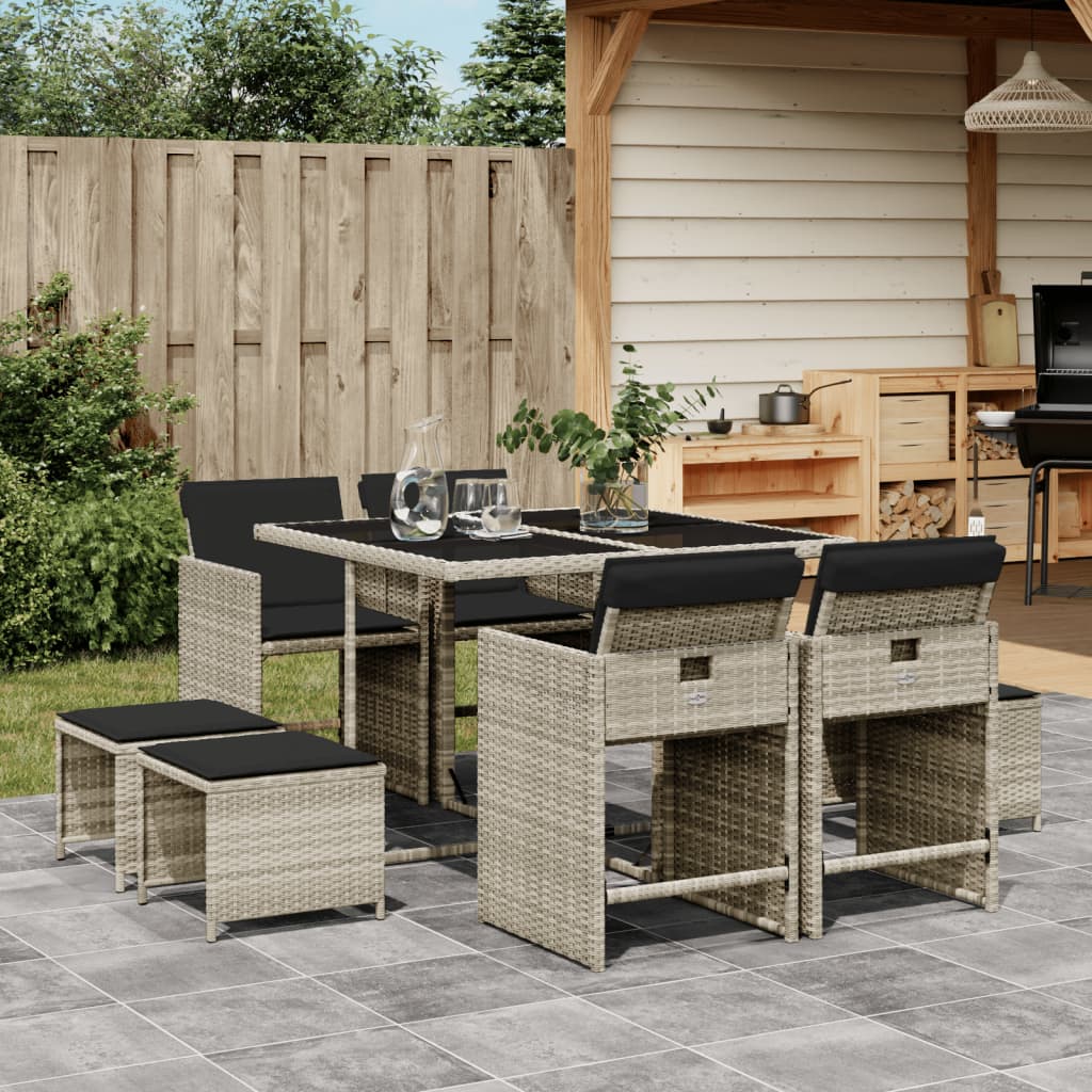 Set Pranzo Da Giardino 9pz Con Cuscini Grigio Chiaro Polyrattan