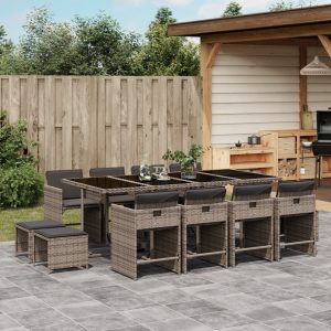 Set Da Pranzo Da Giardino 13pz Con Cuscini Grigio In Polyrattan
