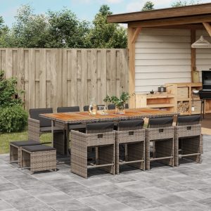 Set Da Pranzo Da Giardino 13pz Con Cuscini Grigio In Polyrattan