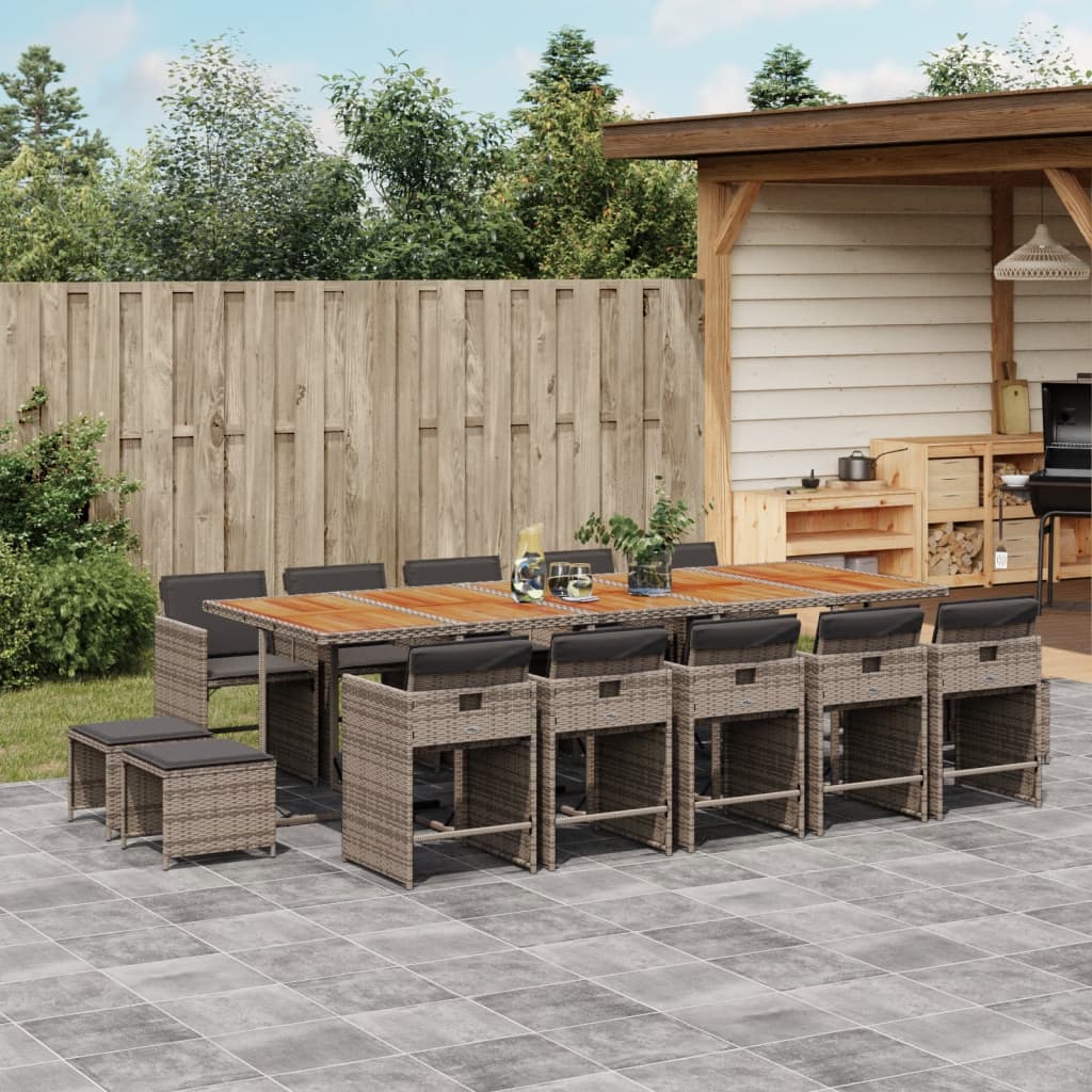 Set Da Pranzo Da Giardino 15 Pz Con Cuscini Grigio Polyrattan
