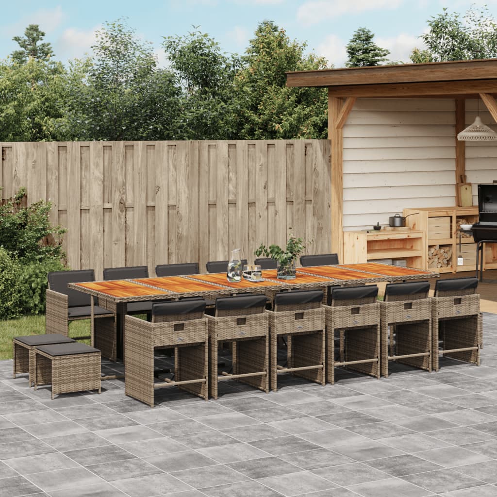Set Da Pranzo Da Giardino 17pz Con Cuscini Grigio In Polyrattan