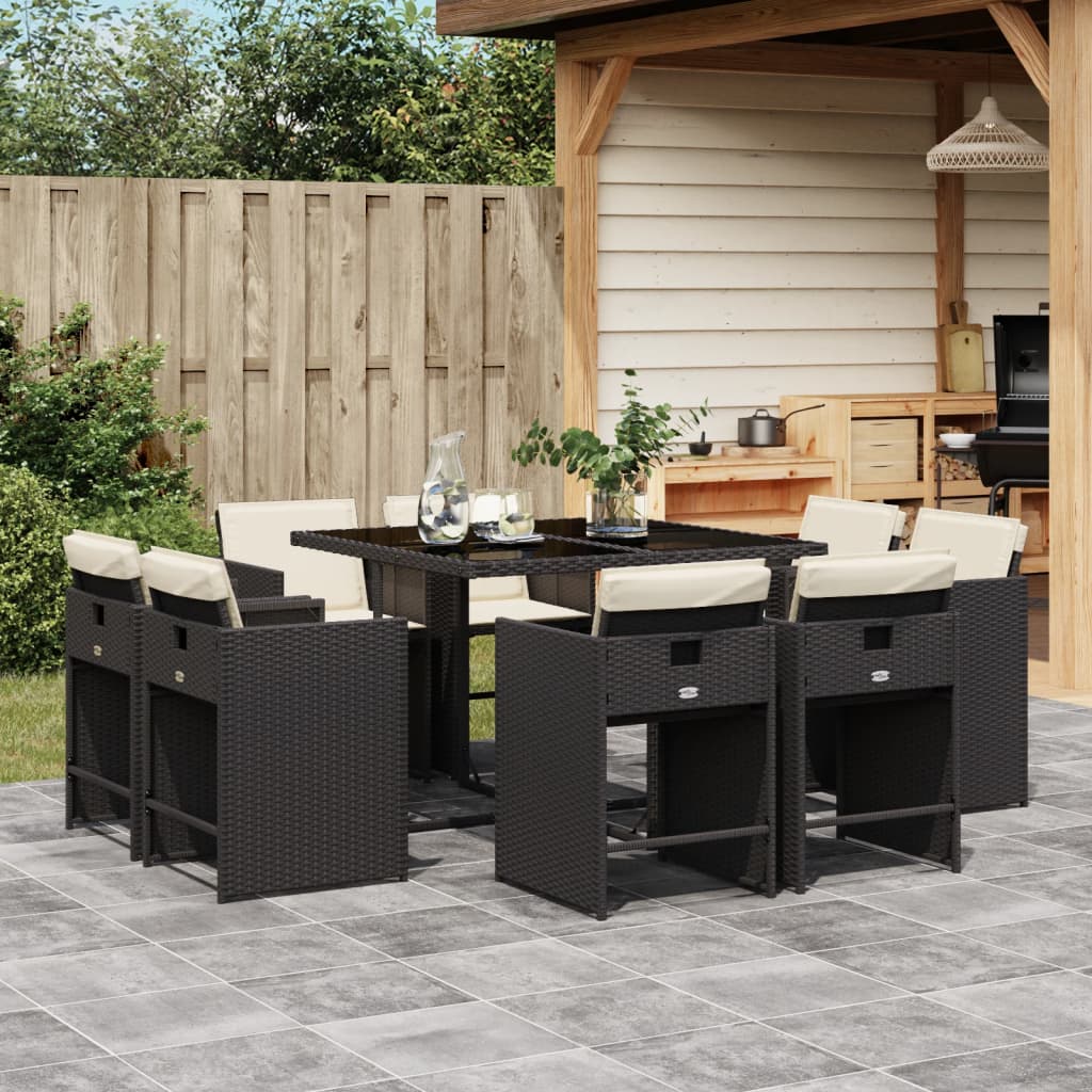 Set Da Pranzo Da Giardino 9 Pz Con Cuscini Nero In Polyrattan
