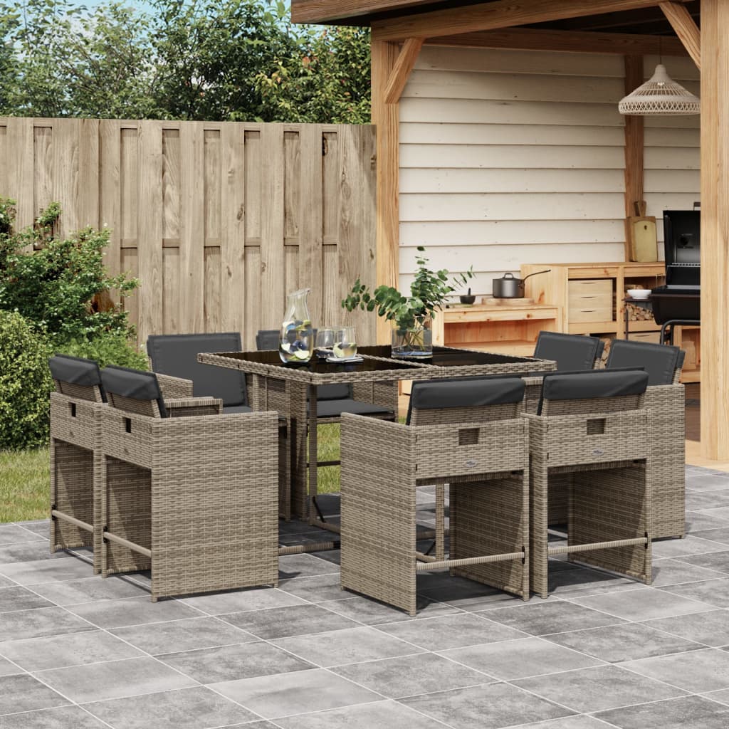 Set Da Pranzo Da Giardino 9 Pz Con Cuscini In Polyrattan Grigio