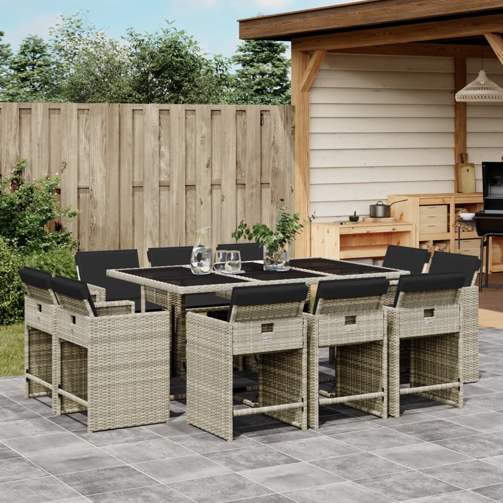 Set Pranzo Giardino 11pz Con Cuscini Grigio Chiaro Polyrattan