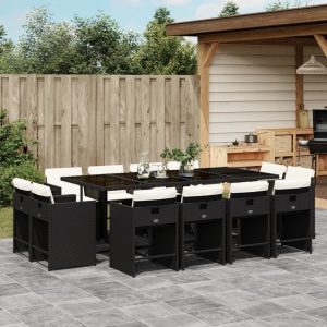 Set Da Pranzo Da Giardino 13pz Con Cuscini Nero In Polyrattan