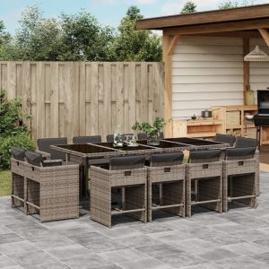 Set Da Pranzo Da Giardino 13pz Con Cuscini Grigio In Polyrattan